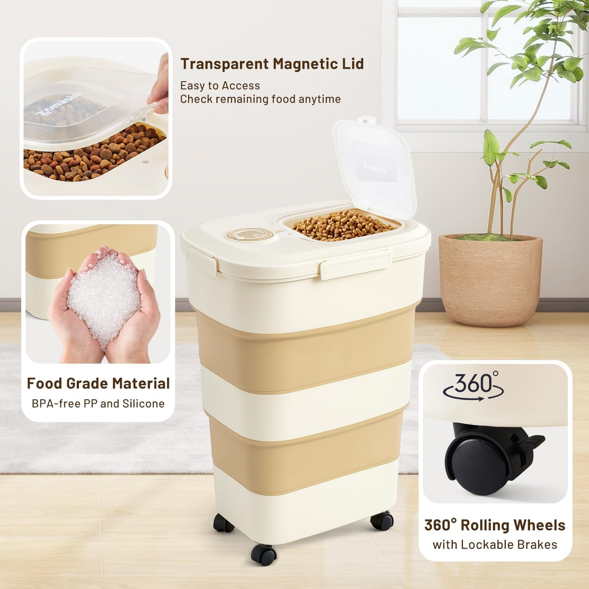 40-50Lbs Rolling Collapsible Dog Food Storage Container – Stylish Khaki Design