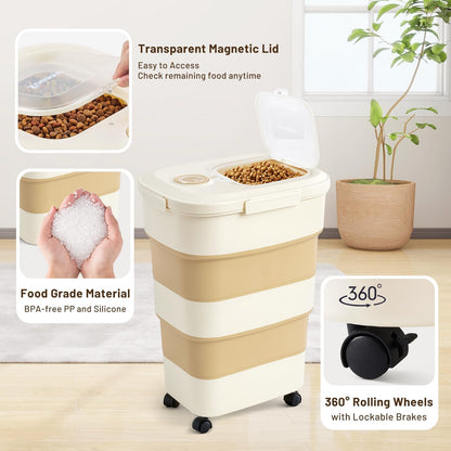 40-50Lbs Rolling Collapsible Dog Food Storage Container – Stylish Khaki Design