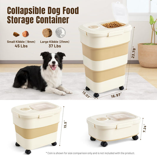 40-50Lbs Rolling Collapsible Dog Food Storage Container – Stylish Khaki Design
