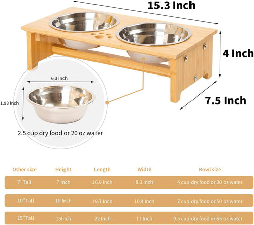 FOREYY Raised Pet Bowls for Cats and Small Dogs, Bamboo Elevated Dog Cat Food and Water Bowls Stand Feeder with 2 Stainless Steel Bowls and Anti Slip Feet (4'' Tall-20 oz Bowl)