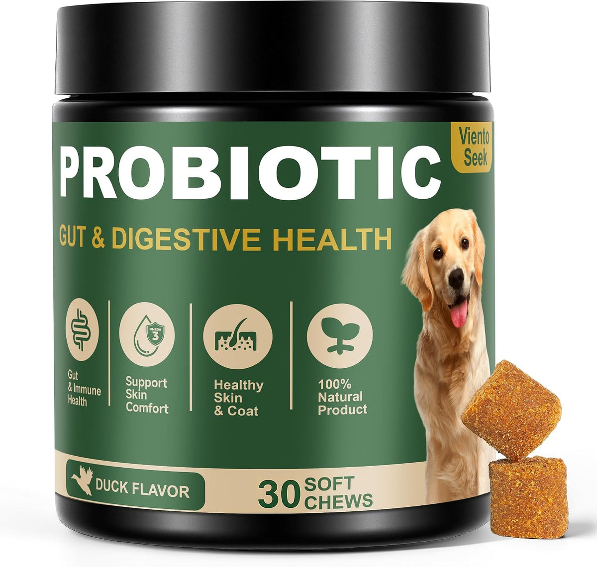 Delicious Duck Probiotics for Dogs - Enhance Digestive Health, Relieve Itchy Skin and Ears, Boost Gut & Immune Support - 30 Chews with 7 Enzymes, 3 Prebiotics & Omega-3