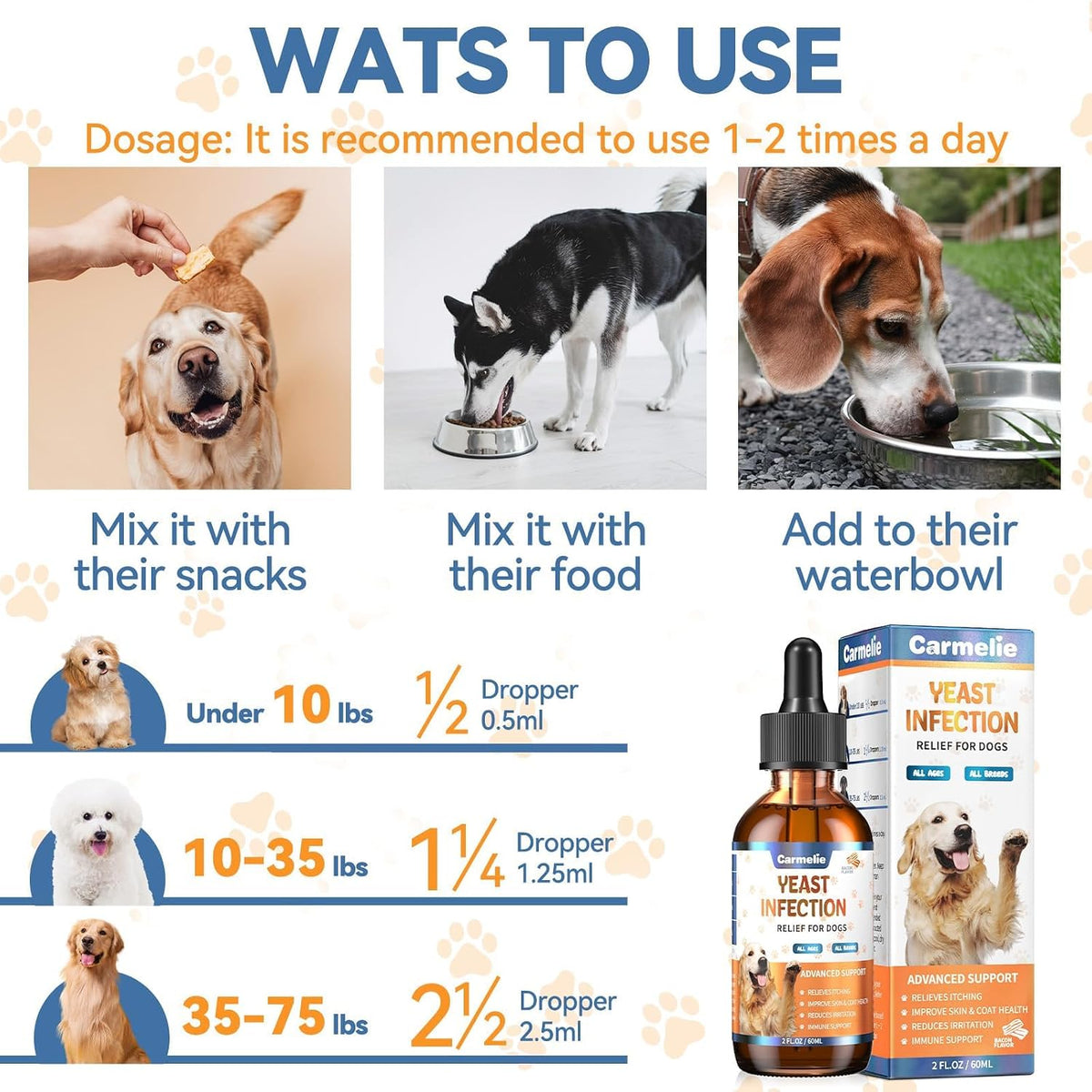Natural Yeast Relief Drops for Dogs – Tasty Bacon Flavor – Soothes Itching, Ears & Paws, Supports Allergy Relief & Reduces Inflammation – 60ml