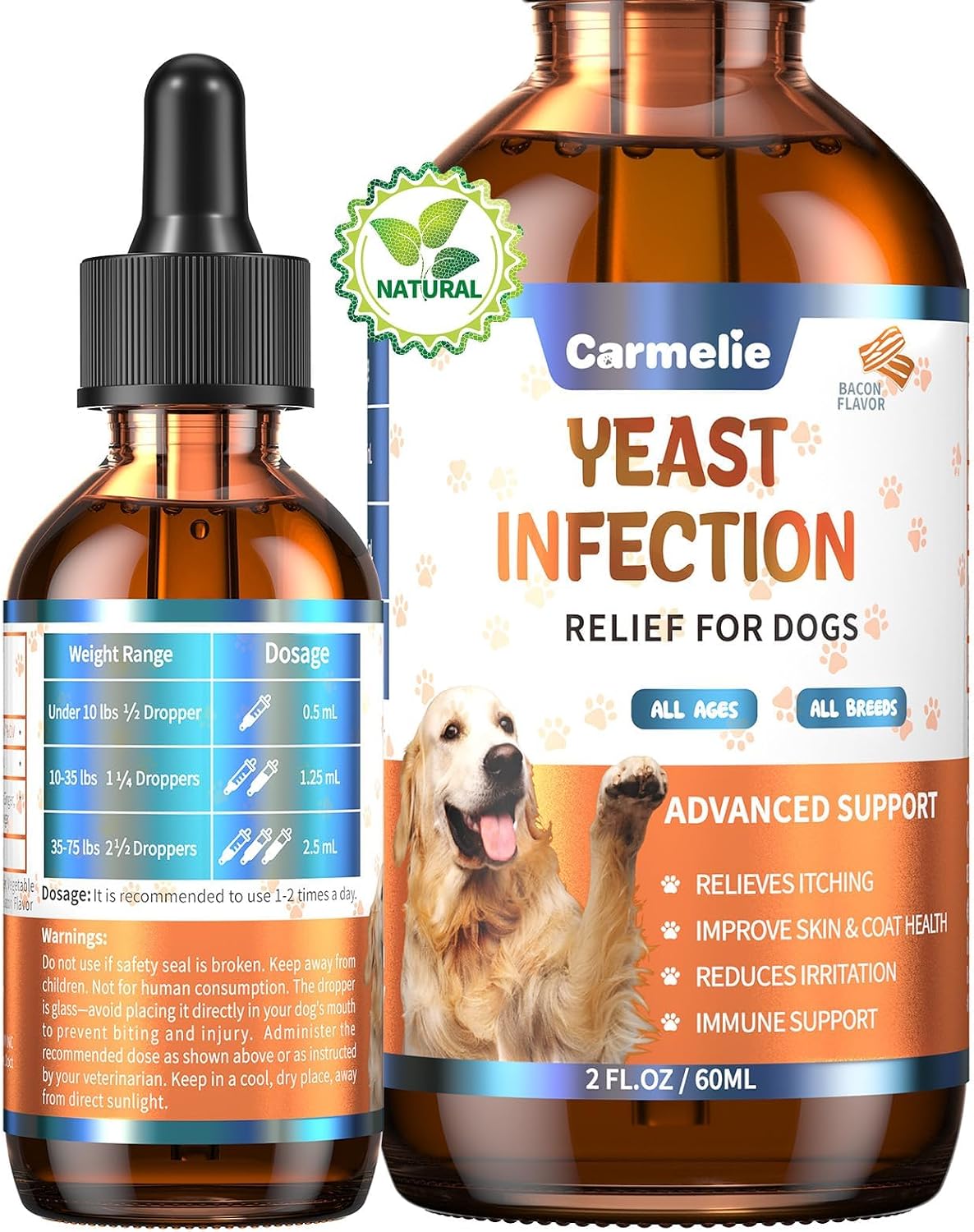 Natural Yeast Relief Drops for Dogs – Tasty Bacon Flavor – Soothes Itching, Ears & Paws, Supports Allergy Relief & Reduces Inflammation – 60ml