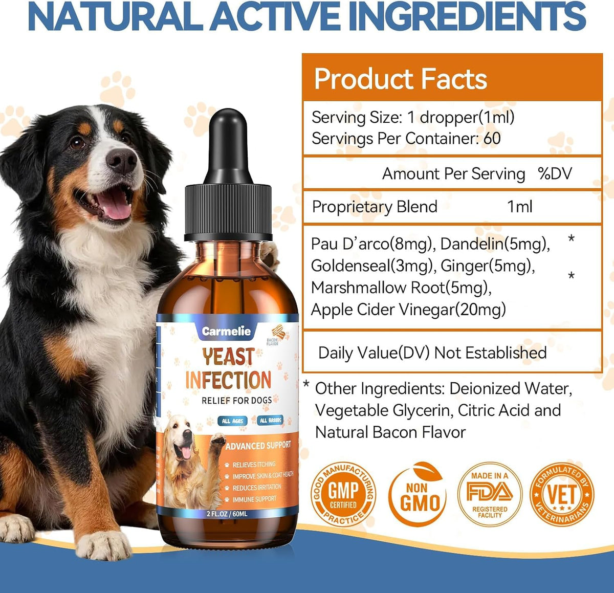 Natural Yeast Relief Drops for Dogs – Tasty Bacon Flavor – Soothes Itching, Ears & Paws, Supports Allergy Relief & Reduces Inflammation – 60ml