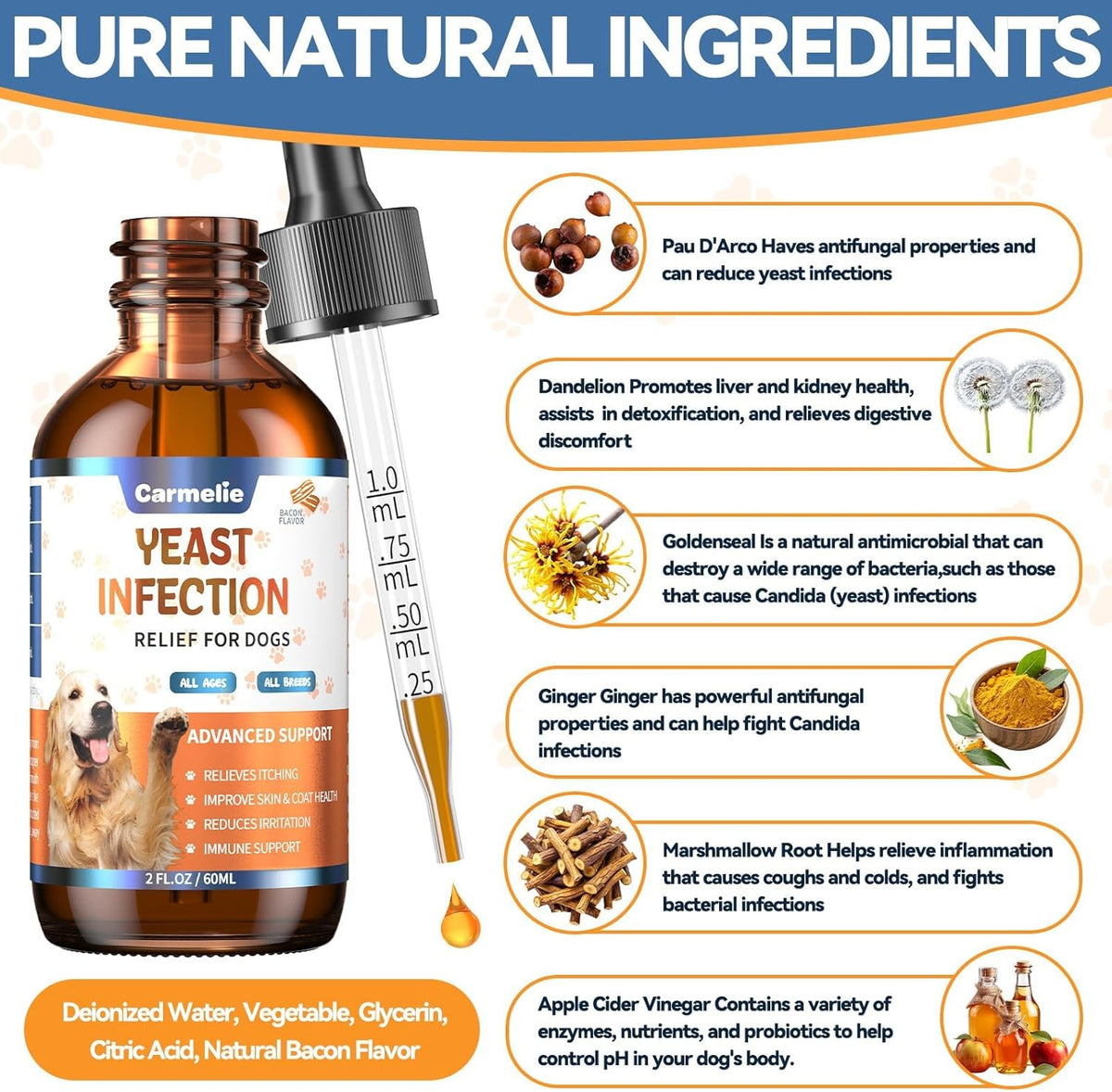 Natural Yeast Relief Drops for Dogs – Tasty Bacon Flavor – Soothes Itching, Ears & Paws, Supports Allergy Relief & Reduces Inflammation – 60ml