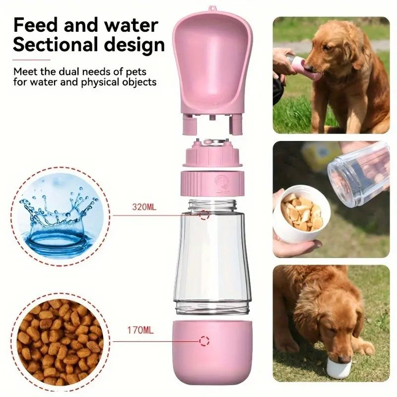 Ultimate Pet Travel Water Cup: 320ML Water Tank & 170ML Food Container – Leak-Proof, Rotatable Design for On-the-Go Hydration and Feeding!