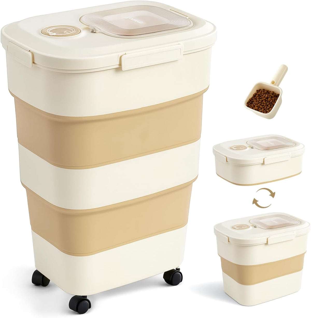 40-50Lbs Rolling Collapsible Dog Food Storage Container – Stylish Khaki Design