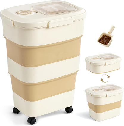 40-50Lbs Rolling Collapsible Dog Food Storage Container – Stylish Khaki Design