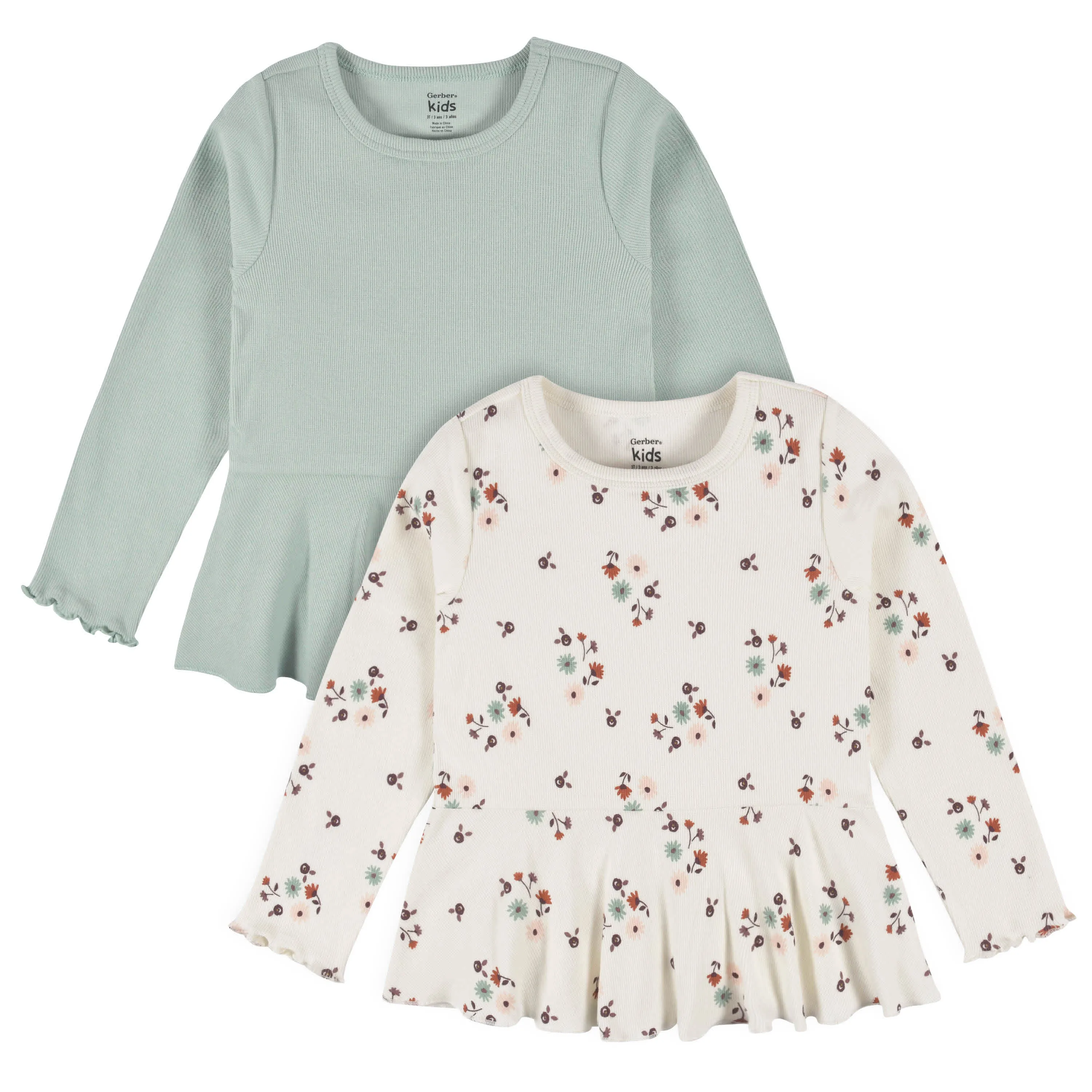 2-Pack Infant & Toddler Girls Mint Floral Peplum Tops