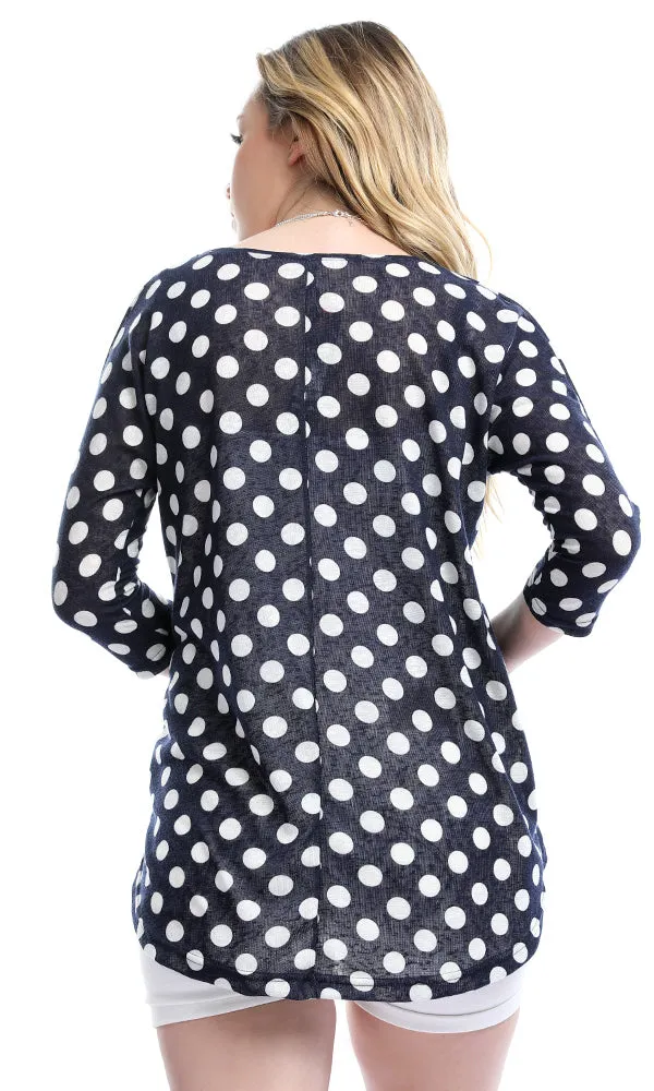 54017 Polka Dots High Low Casual Navy Blue Blouse