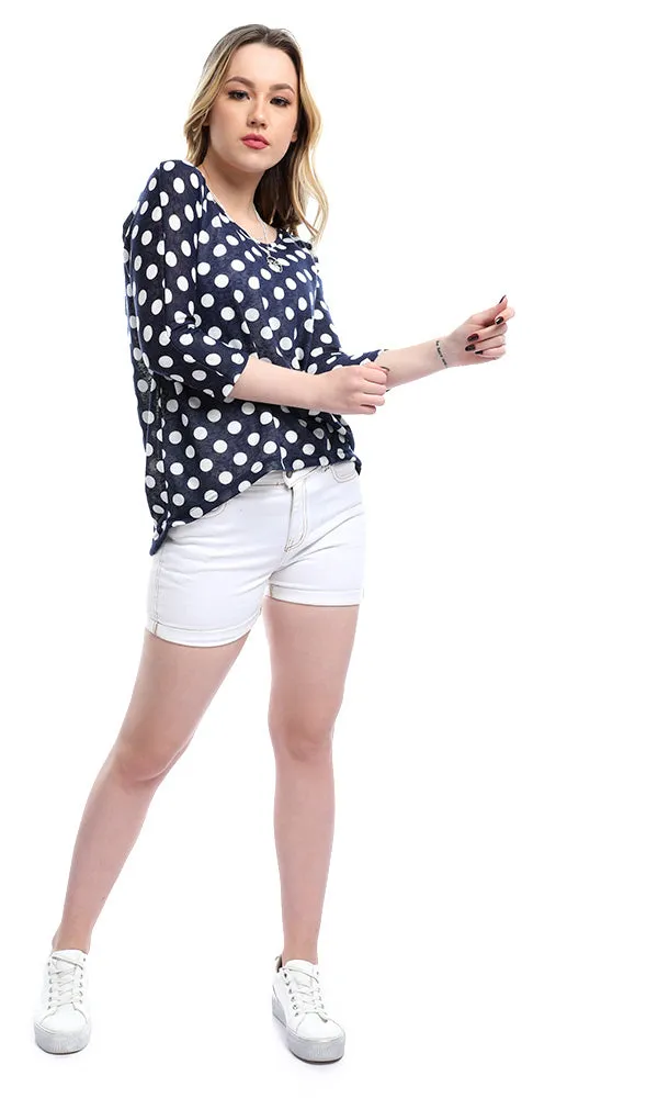 54017 Polka Dots High Low Casual Navy Blue Blouse