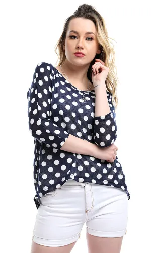 54017 Polka Dots High Low Casual Navy Blue Blouse