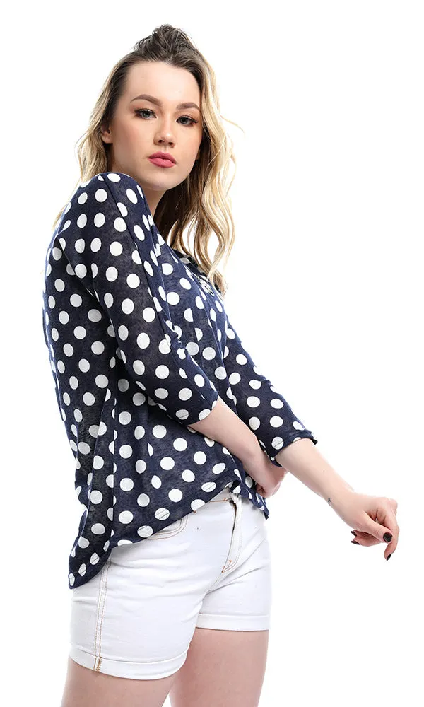 54017 Polka Dots High Low Casual Navy Blue Blouse