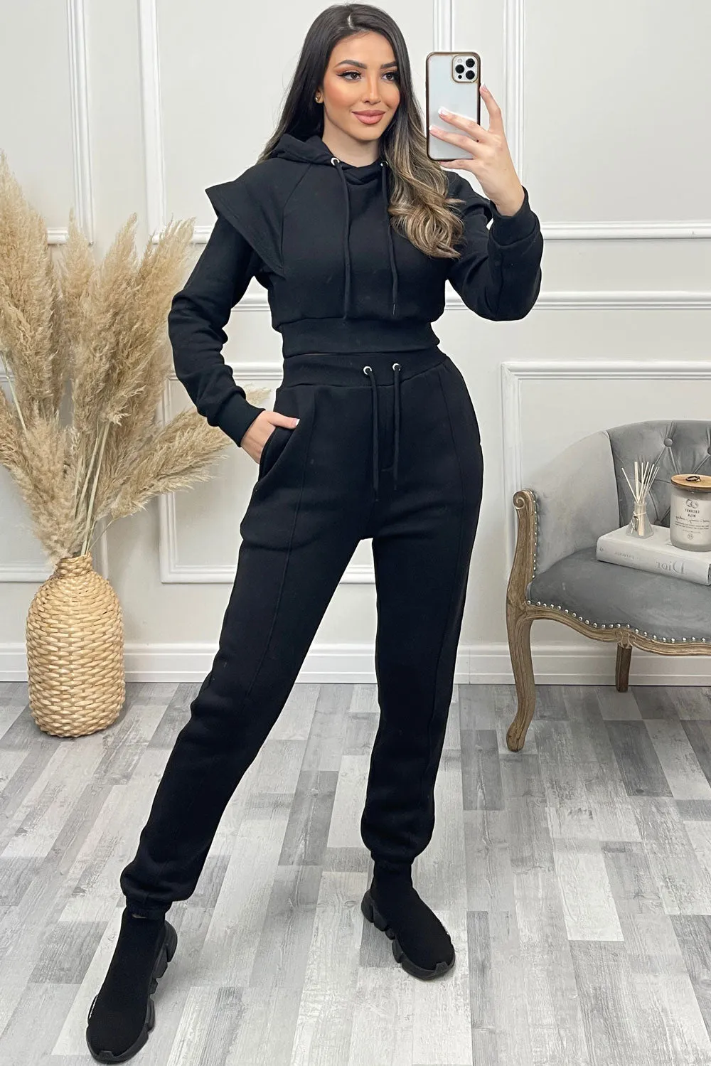 Alexa Black Flare Sleeve Cropped Hoodie and Joggers Tracksuit Set