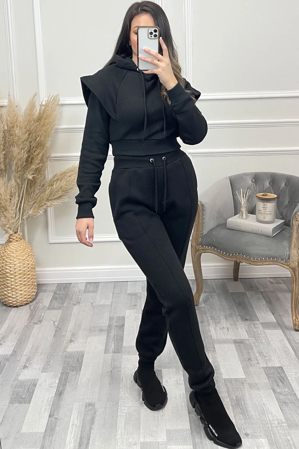 Alexa Black Flare Sleeve Cropped Hoodie and Joggers Tracksuit Set