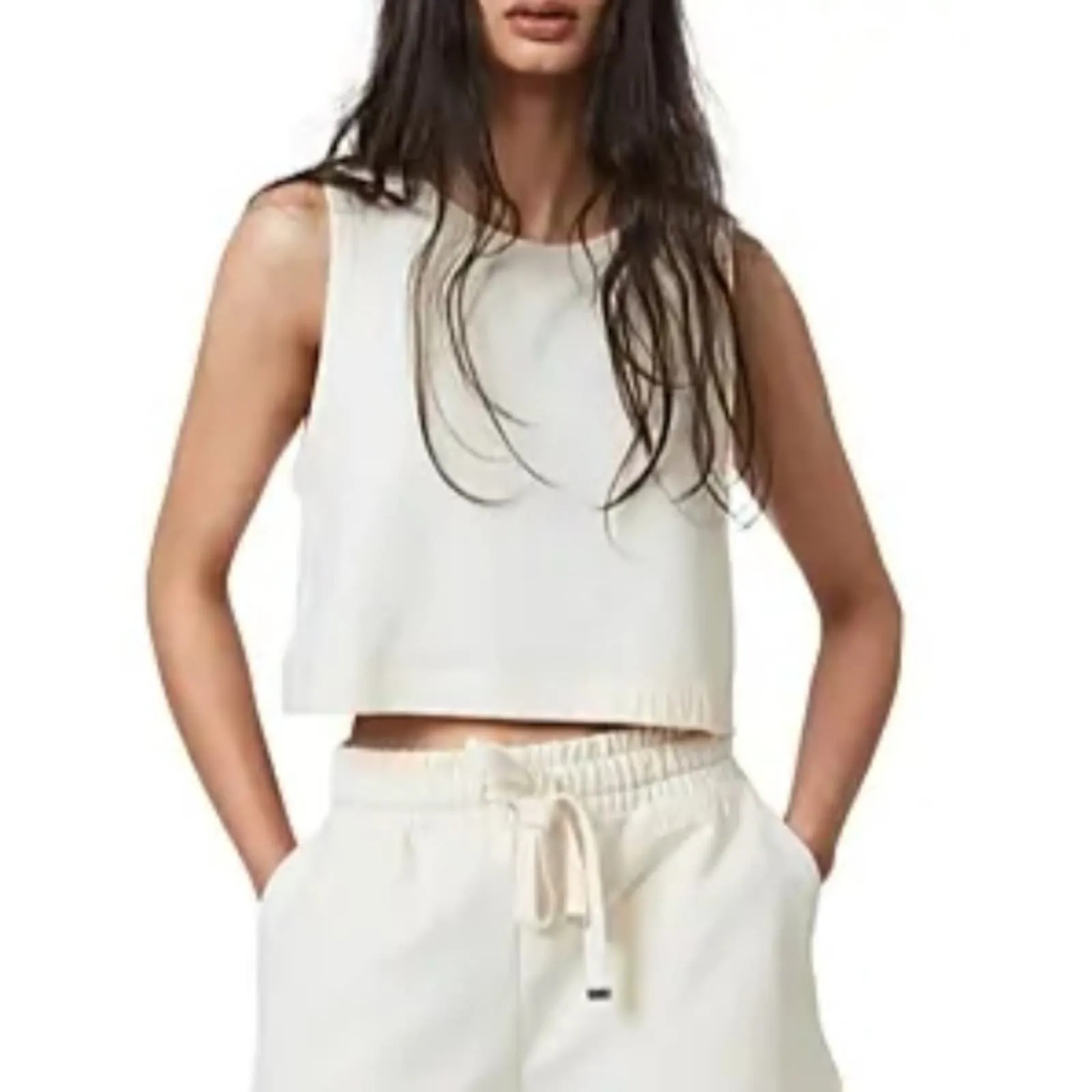 ALLSAINTS LILA CROP SLEEVELESS SWEATSHIRT TOP IN ECRU WHITE