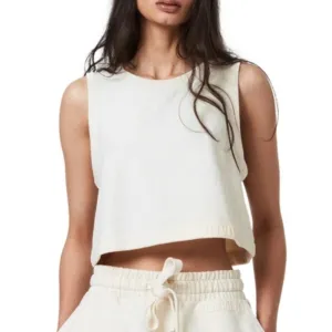 ALLSAINTS LILA CROP SLEEVELESS SWEATSHIRT TOP IN ECRU WHITE