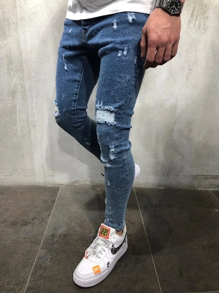 Blue Distressed Skinny Fit Denim AY368 Streetwear Jeans