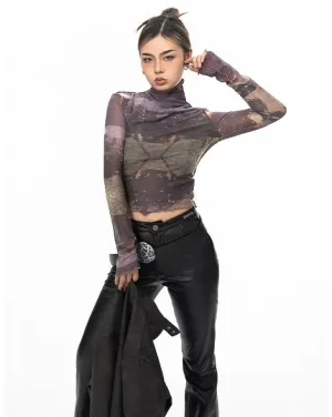 Camouflage Mesh Long Sleeve Crop Top