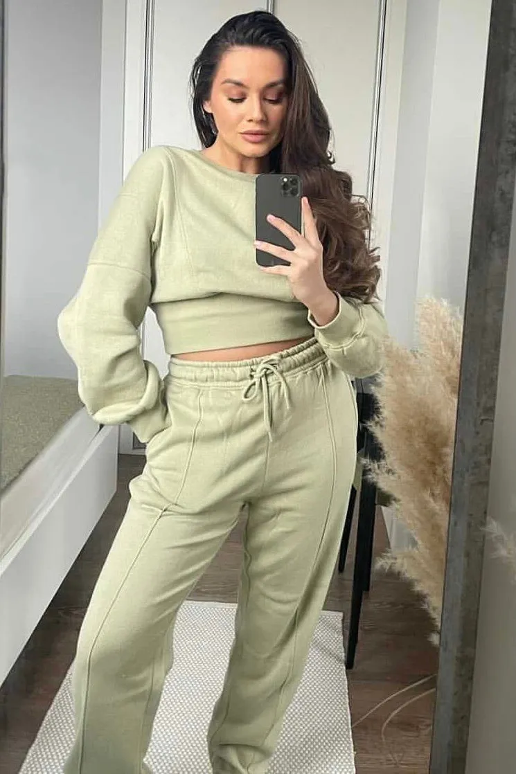 Coco Sage Cropped Jumper and Joggers Tracksuit Set