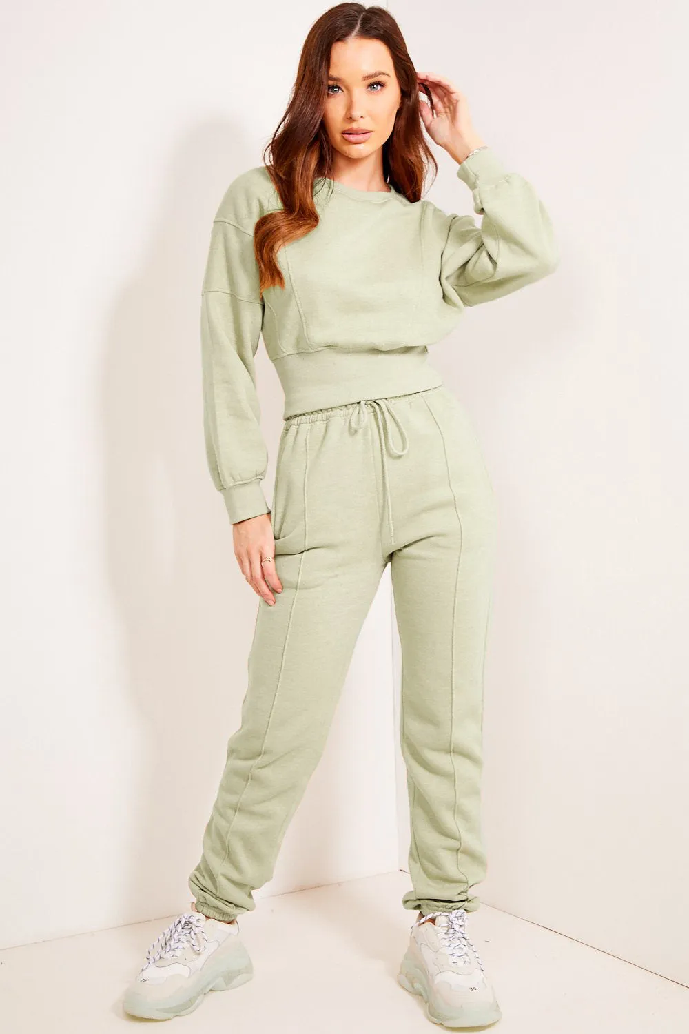 Coco Sage Cropped Jumper and Joggers Tracksuit Set