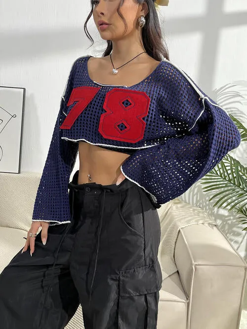 Contrast Patches Long Sleeve Cropped Knit Long Sleeve Top