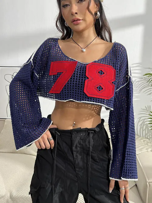 Contrast Patches Long Sleeve Cropped Knit Long Sleeve Top