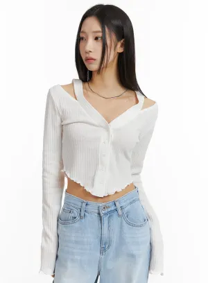 Cut Out Buttoned Long Sleeve Crop Top CJ408