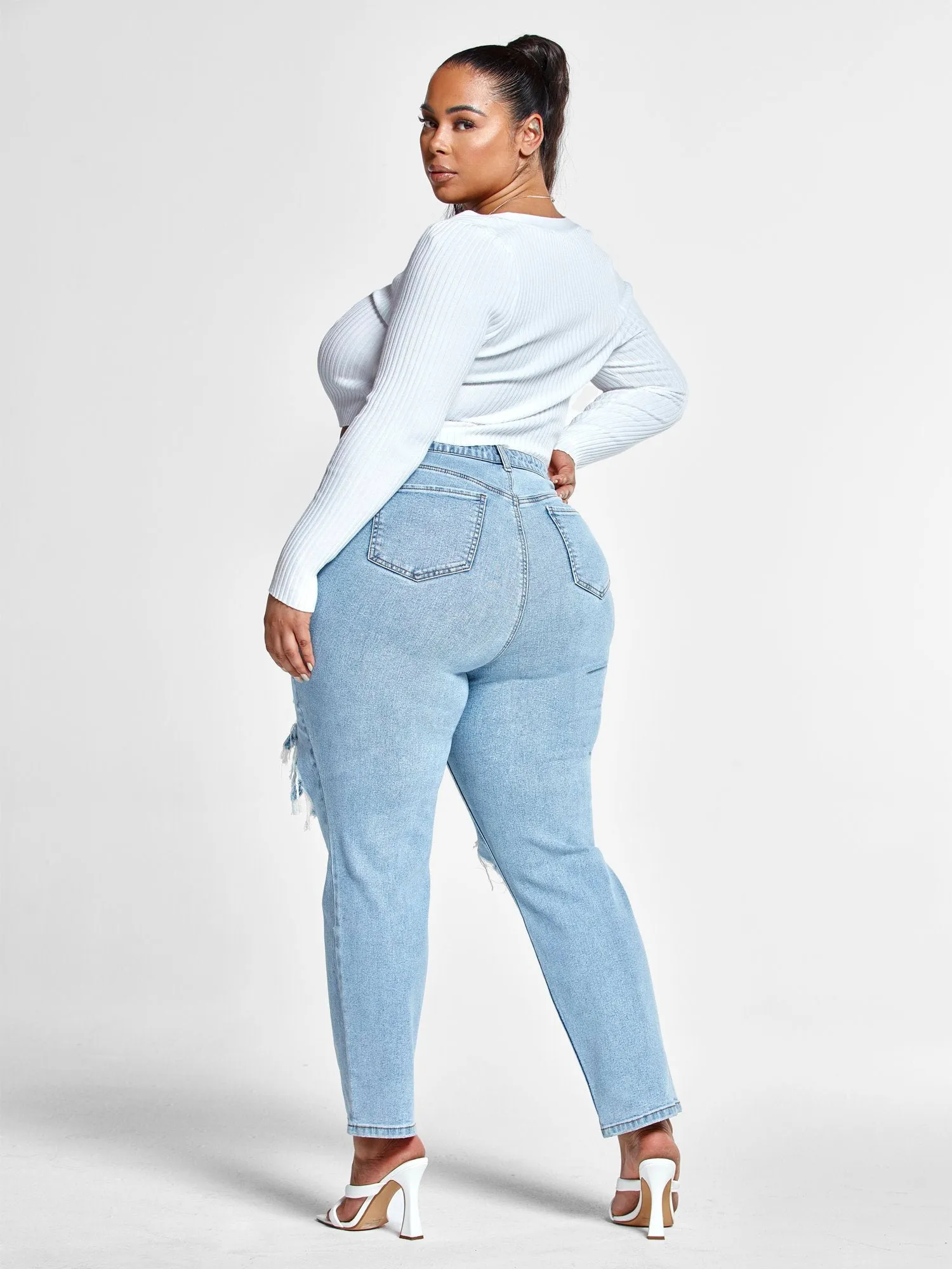 High Rise Straight Leg Jeans with Cutouts