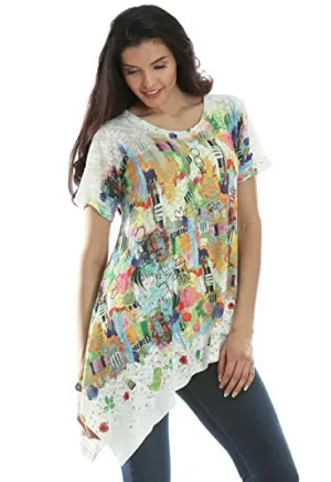 Inoah - Honey Pot, Short Sleeve Asymmetrical Hem Wearable Art colorful Print