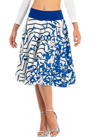 Off-White Midi Full Swing Skirt With Blue Floral Print