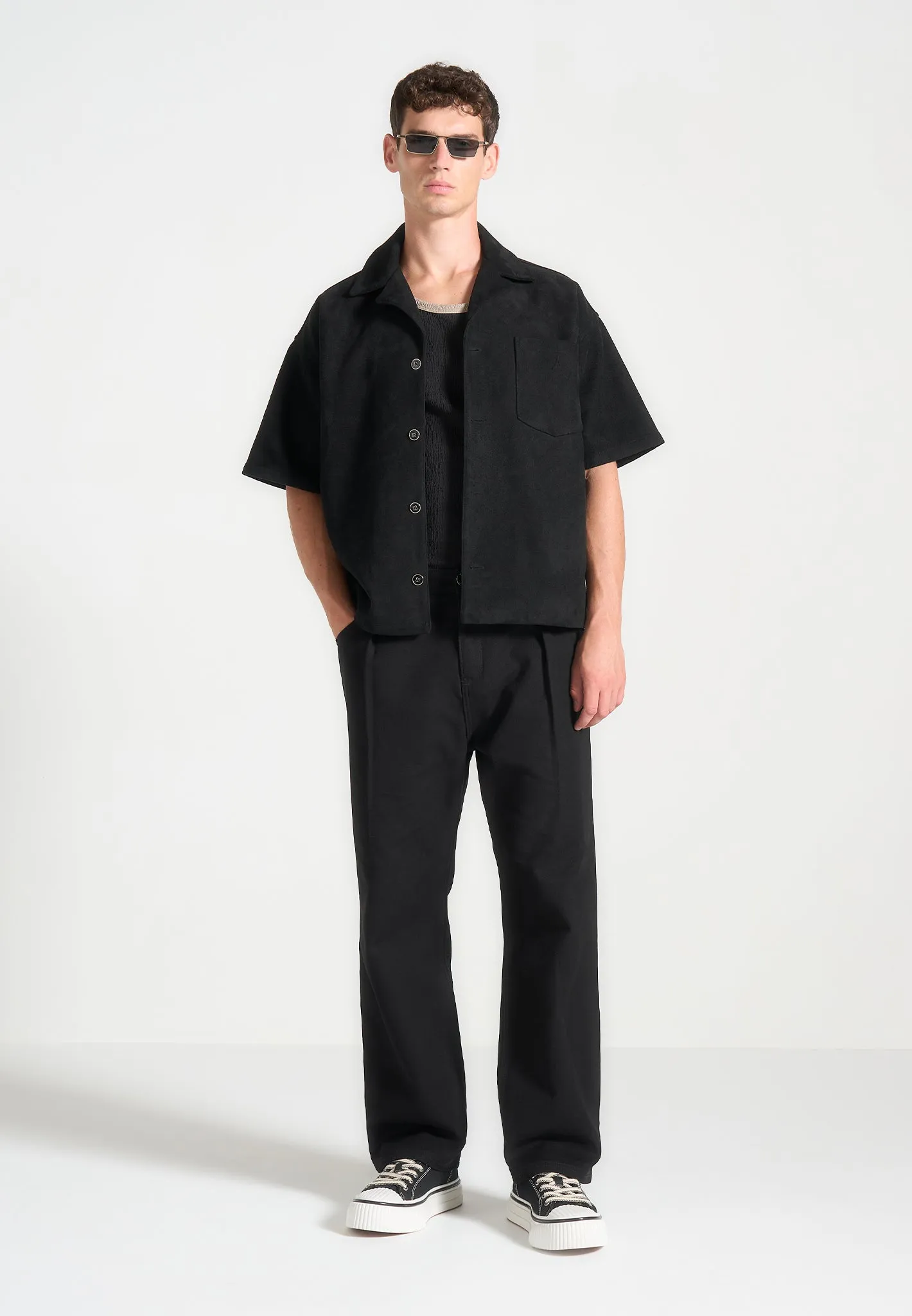 Relaxed Fit Pleated Gabardine Jeans - Black