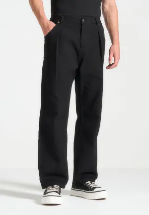 Relaxed Fit Pleated Gabardine Jeans - Black