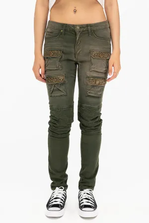 ROBIN'S MILITARY INSPIRED WOMEN'S SKINNY UTILITARIAN JEANS IN SULFUR GREEN ARMY WITH STUDS AND CRYSTALS