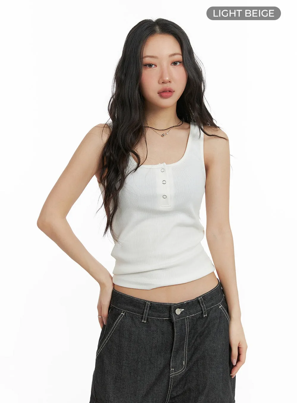 Solid Rib Button-Up Tank Crop Top CM425