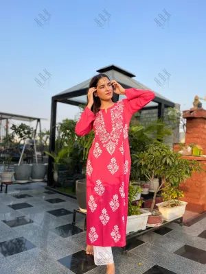 Tanika in Hand Embroidered Chikankari Kurta in Red