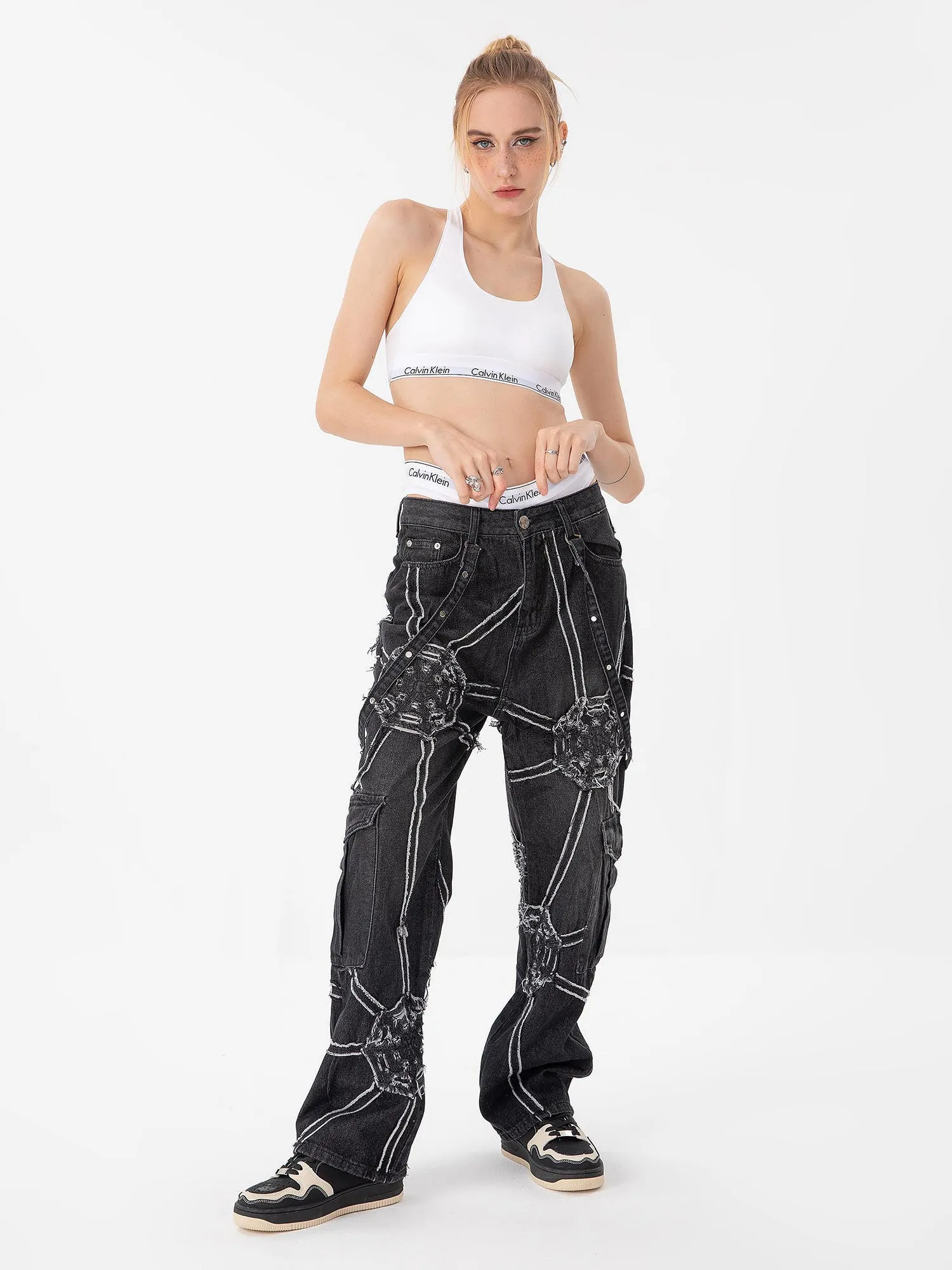 Thesupermade High Street Hip-Hop Spider Web Denim Pants-1512