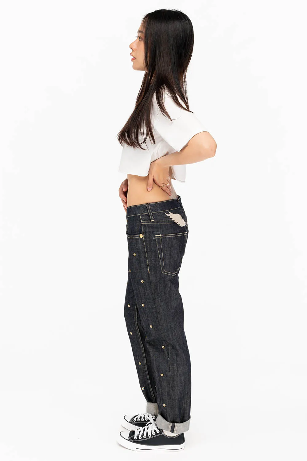 WOMENS BOYFRIEND STYLE JEANS WITH BLACK DIAMOND CRYSTALS IN RAW