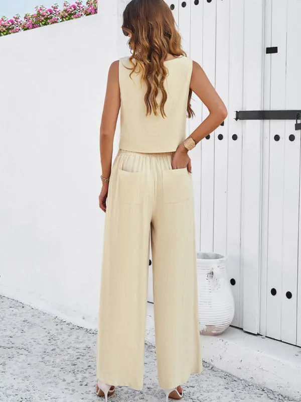 Women's Square Neck Sleeveless Top And Matching Wide Leg Trousers